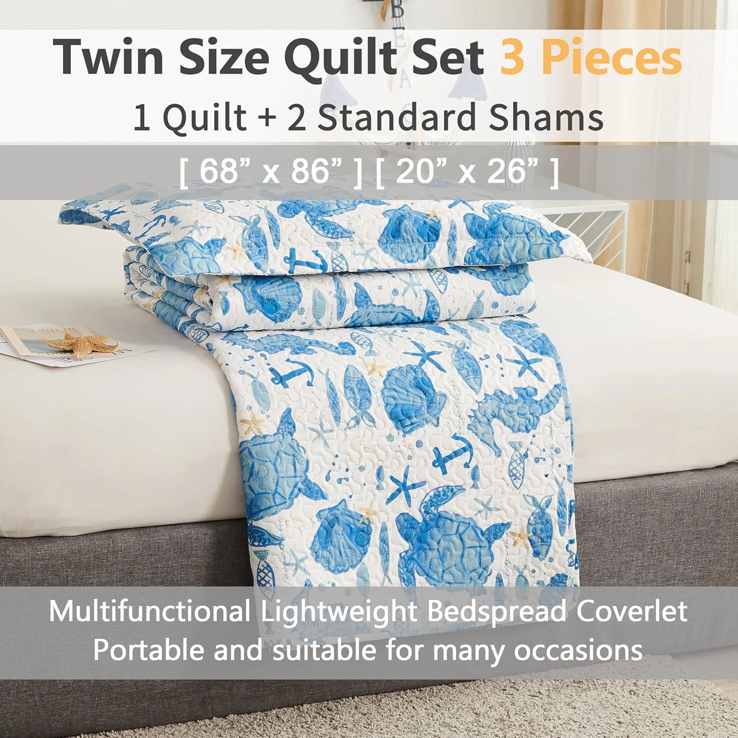 Ocean Bedding Twin Size Quilt Set - Lightweight Reversible Quilt Coverlet - Coastal Beach Theme - Sea Turtle Blue
