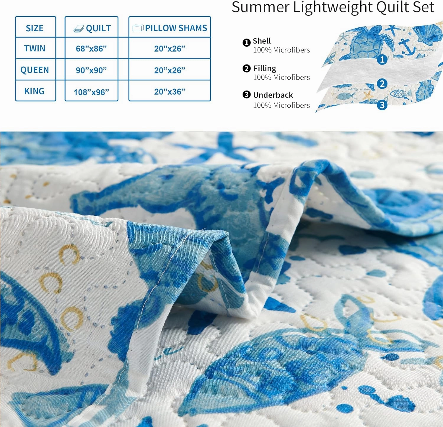 Ocean Bedding Twin Size Quilt Set - Lightweight Reversible Quilt Coverlet - Coastal Beach Theme - Sea Turtle Blue