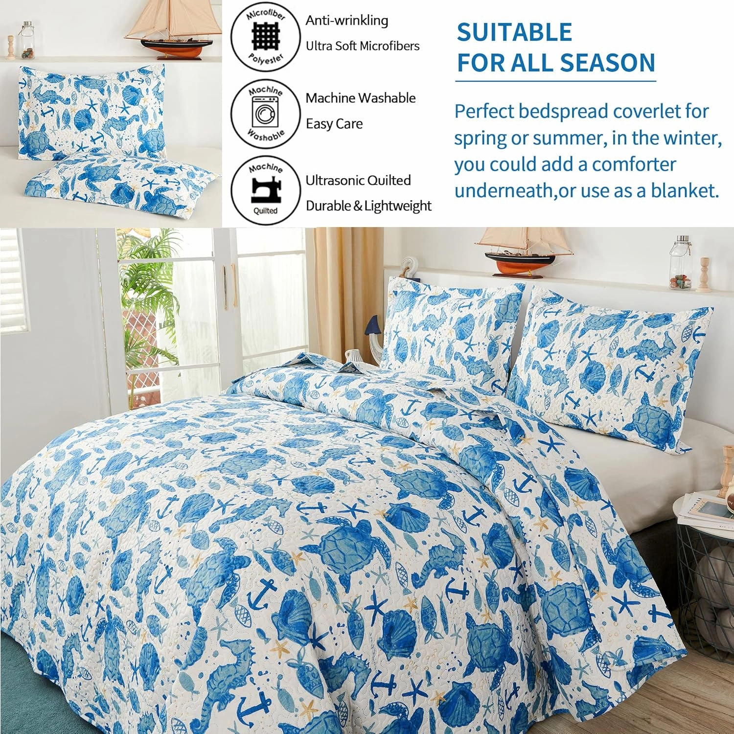 Ocean Bedding Twin Size Quilt Set - Lightweight Reversible Quilt Coverlet - Coastal Beach Theme - Sea Turtle Blue