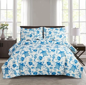 Ocean Bedding Twin Size Quilt Set - Lightweight Reversible Quilt Coverlet - Coastal Beach Theme - Sea Turtle Blue
