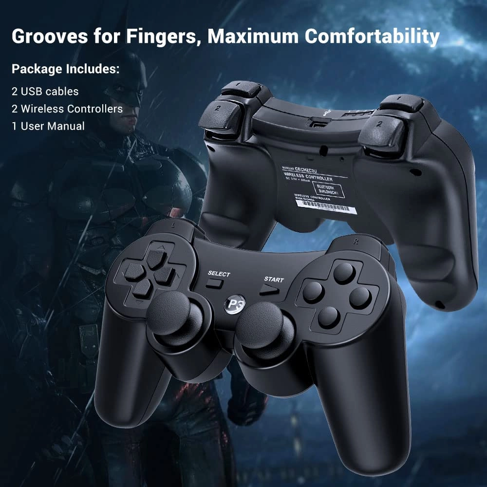 OKHAHA Controller 2 Pack for PS3 Wireless Controller for Sony Playstation 3, Double Shock 3, Bluetooth, Rechargeable, Motion Sensor, Remote for PS3 (No Stripes(Black   Black))
