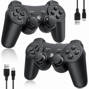 OKHAHA Controller 2 Pack for PS3 Wireless Controller for Sony Playstation 3, Double Shock 3, Bluetooth, Rechargeable, Motion Sensor, Remote for PS3 (No Stripes(Black   Black))