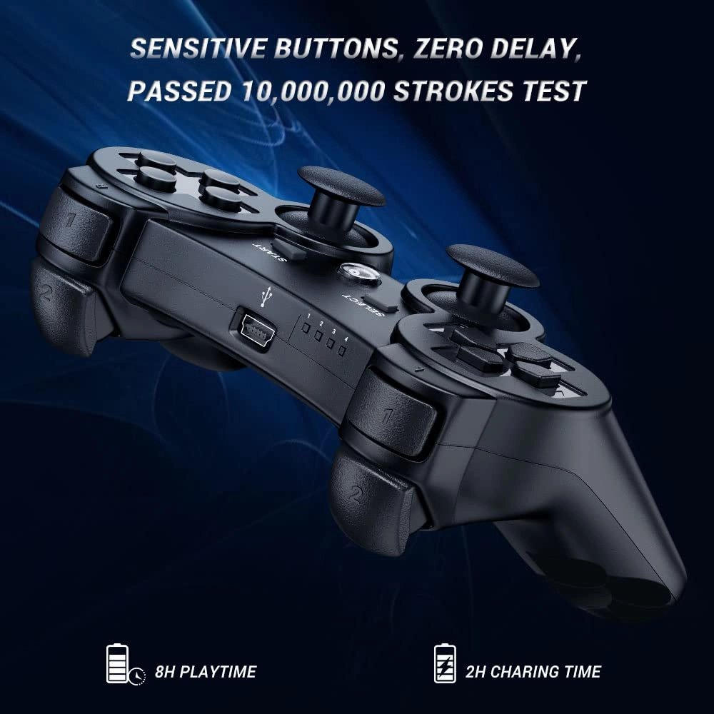 OKHAHA Controller 2 Pack for PS3 Wireless Controller for Sony Playstation 3, Double Shock 3, Bluetooth, Rechargeable, Motion Sensor, Remote for PS3 (No Stripes(Black   Black))