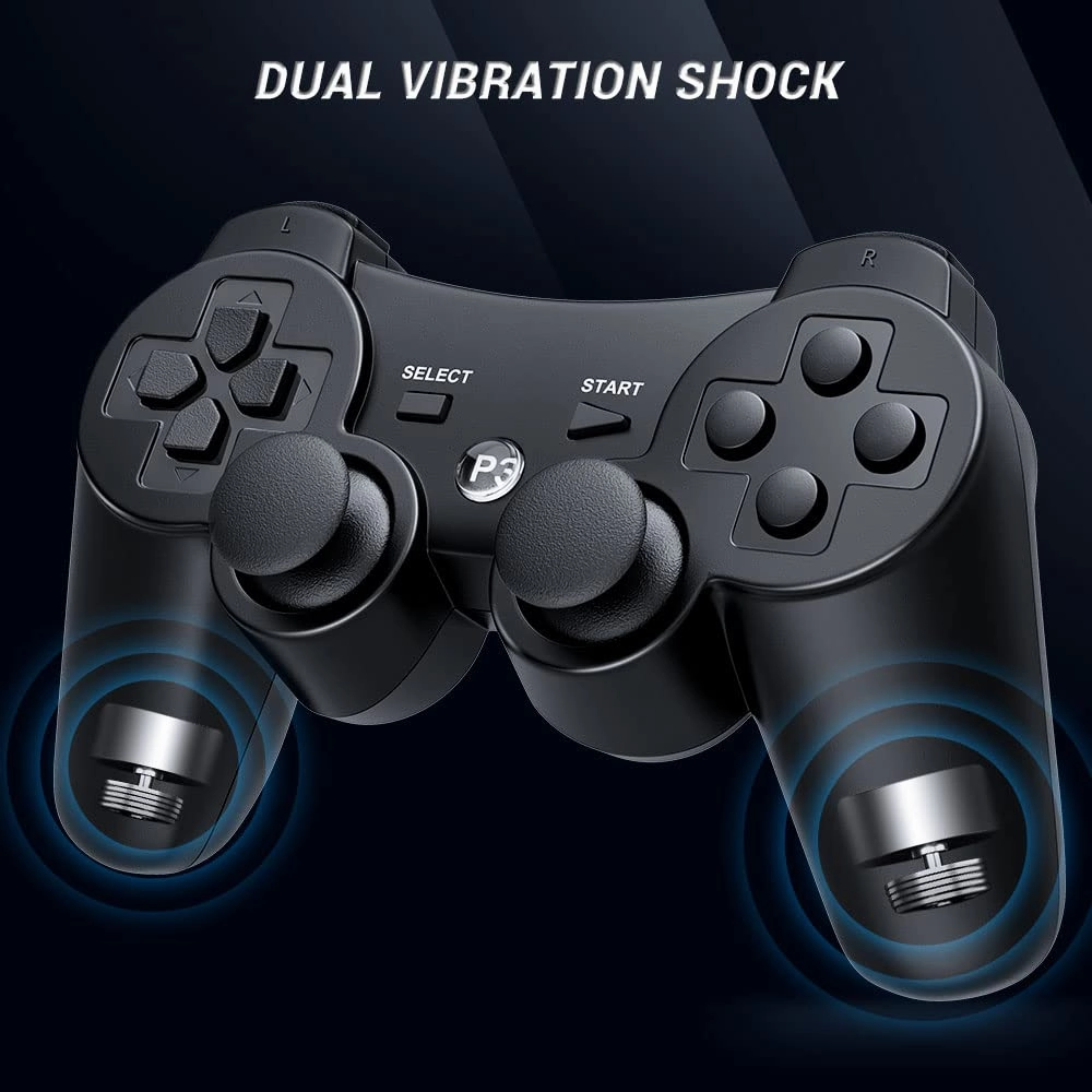 OKHAHA Controller 2 Pack for PS3 Wireless Controller for Sony Playstation 3, Double Shock 3, Bluetooth, Rechargeable, Motion Sensor, Remote for PS3 (No Stripes(Black   Black))