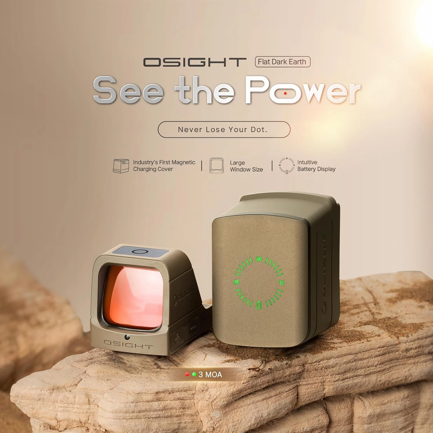 OLIGHT Osight 3 MOA Rechargeable Dot Open Reflex Sight with Charging Cover, Tactical Parallax-Free Sights, Picatinny Mount Compatible - Green/Red Dot Options