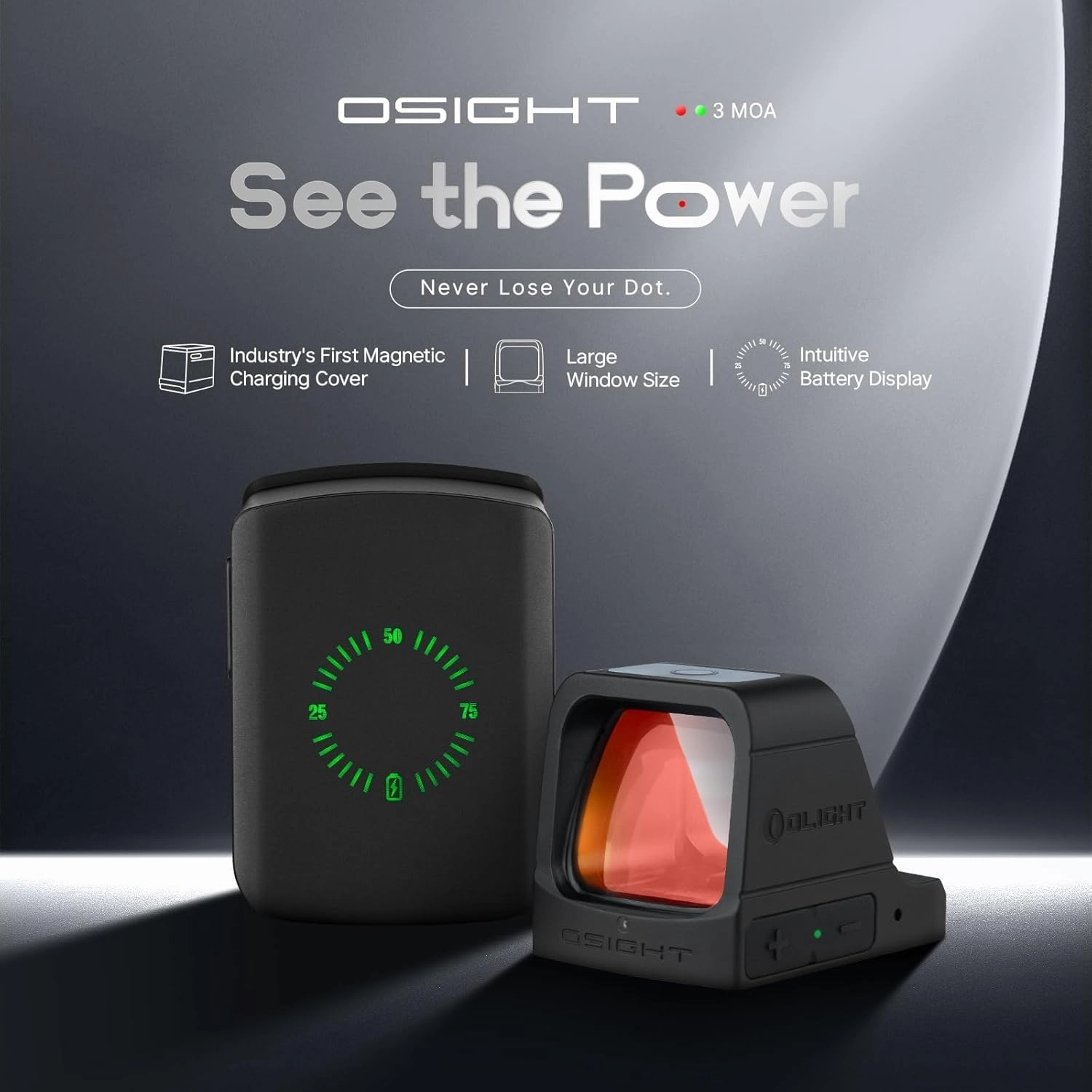 OLIGHT Osight 3 MOA Rechargeable Dot Open Reflex Sight with Charging Cover, Tactical Parallax-Free Sights, Picatinny Mount Compatible - Green/Red Dot Options