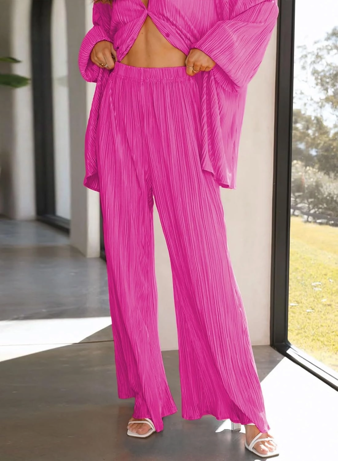 ONIRIKE Womens Loungewear Set 2 Piece Sweatsuits Outfits Casual Pleated Long Sleeve Button Down Shirt and Palazzo Pants