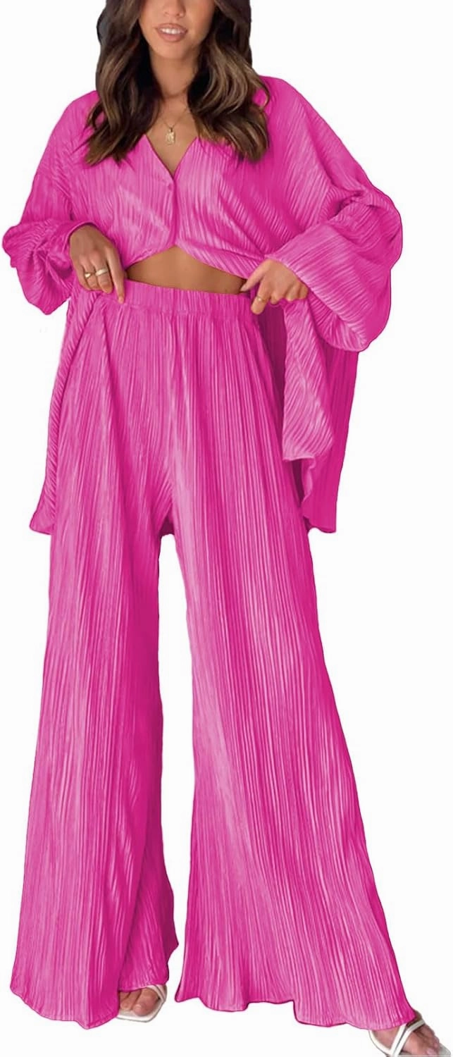 ONIRIKE Womens Loungewear Set 2 Piece Sweatsuits Outfits Casual Pleated Long Sleeve Button Down Shirt and Palazzo Pants
