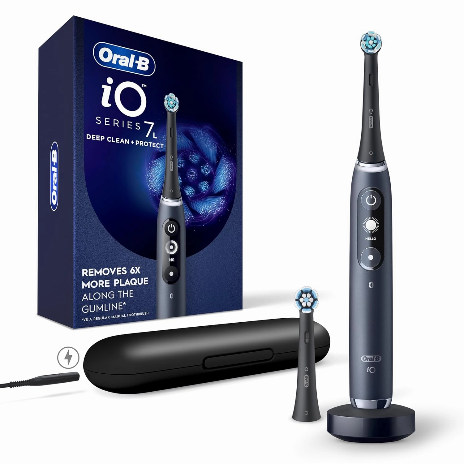 Oral-B iO Deep Clean   Protect Rechargeable Electric Toothbrush, Black with a iO Series 7 Toothbrush, 2 Replacement Brush Heads, and a Charging Travel Case