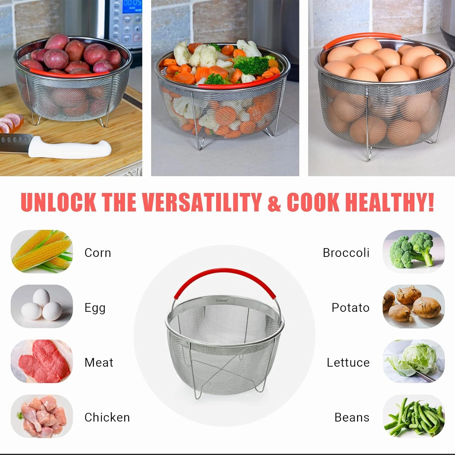 Original Salbree Steamer Basket for 6 qt quart Instant Pot Accessories, Stainless Steel Strainer and Insert fits IP Insta Pots, Instapot, Other Pressure Cookers, with Silicone Handle [3qt 8qt avail]