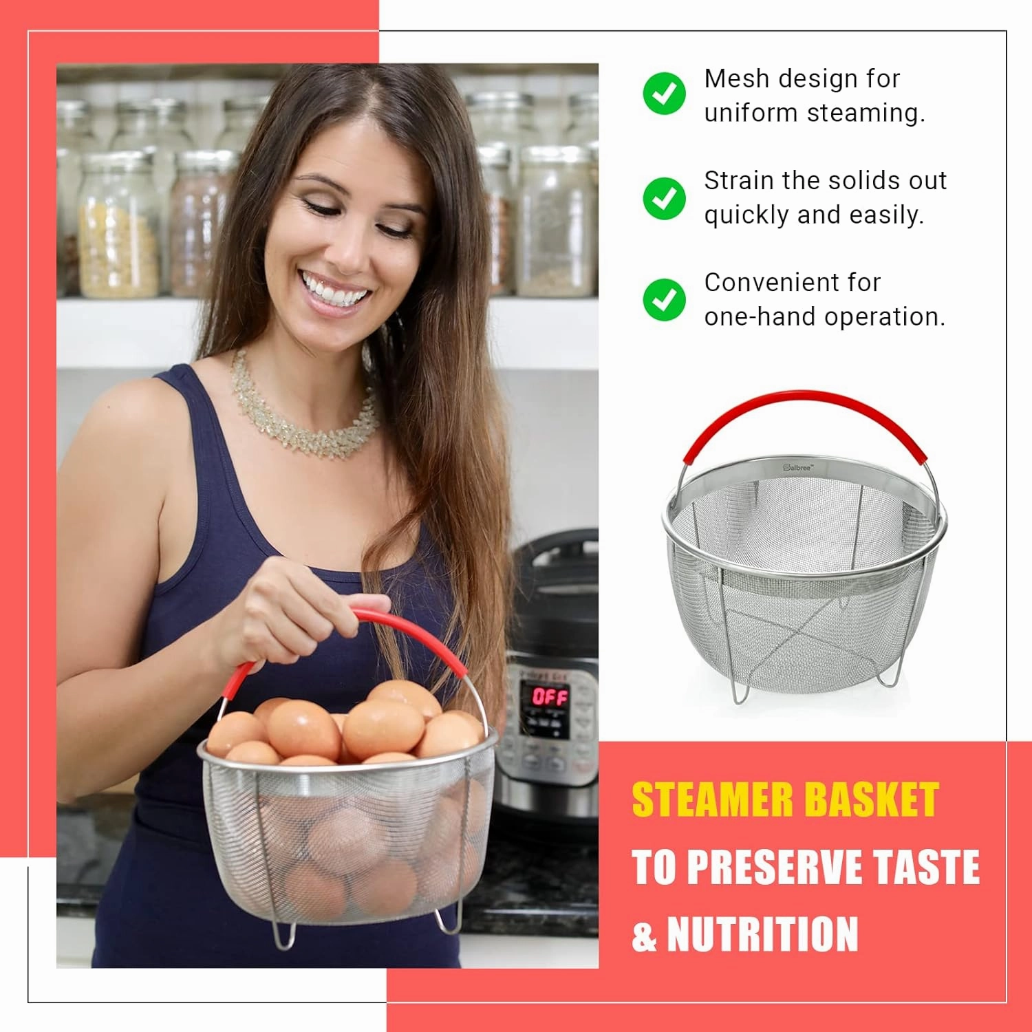 Original Salbree Steamer Basket for 6 qt quart Instant Pot Accessories, Stainless Steel Strainer and Insert fits IP Insta Pots, Instapot, Other Pressure Cookers, with Silicone Handle [3qt 8qt avail]