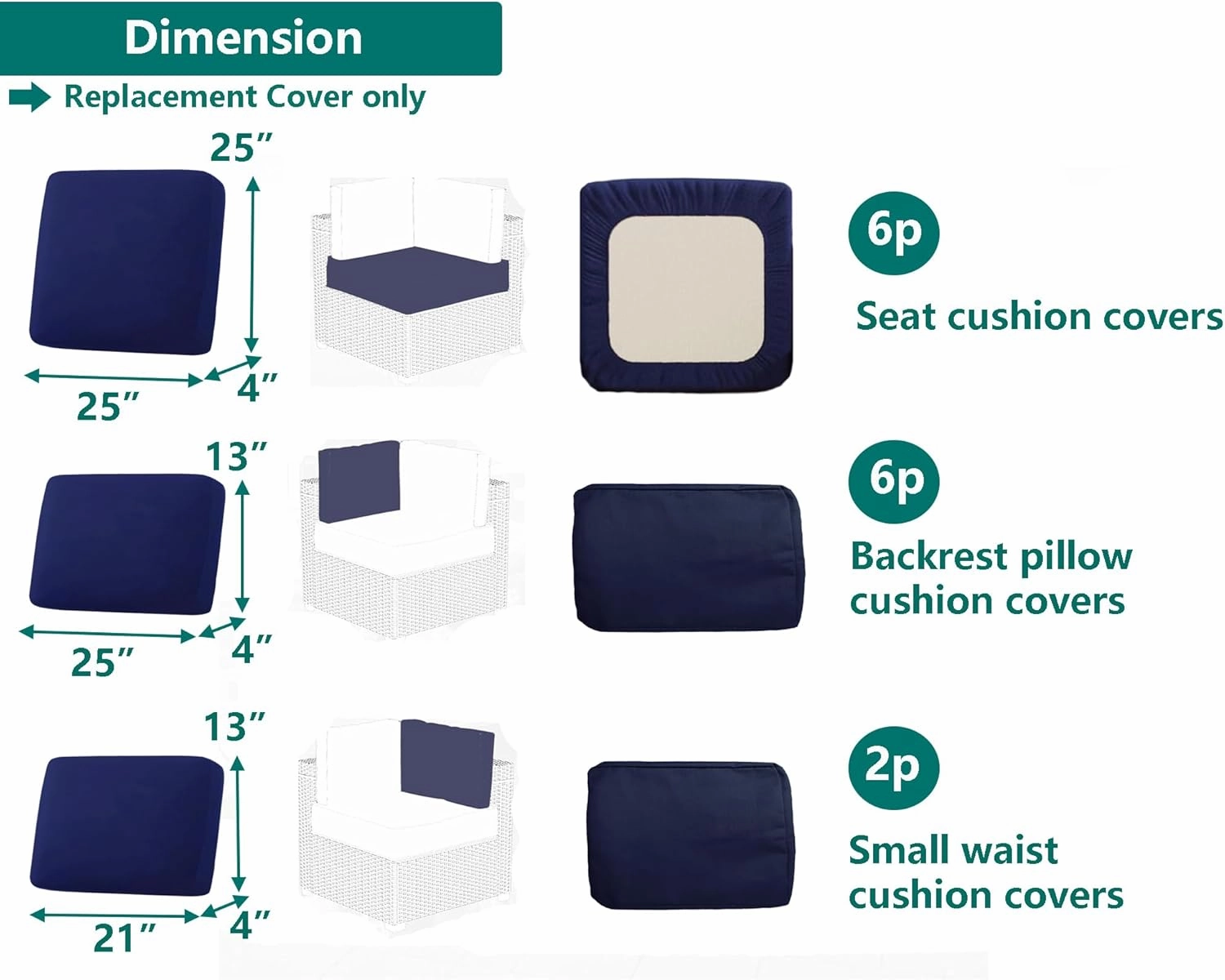 Outdoor Cushion Covers Replacement 14 Pcs Patio Cushion Covers fit for 7Pieces 6-Seater Wicker Rattan Sectional Couch Sofa Outdoor Cushion Slipcovers Set Seat and Back Cover Only, Blue