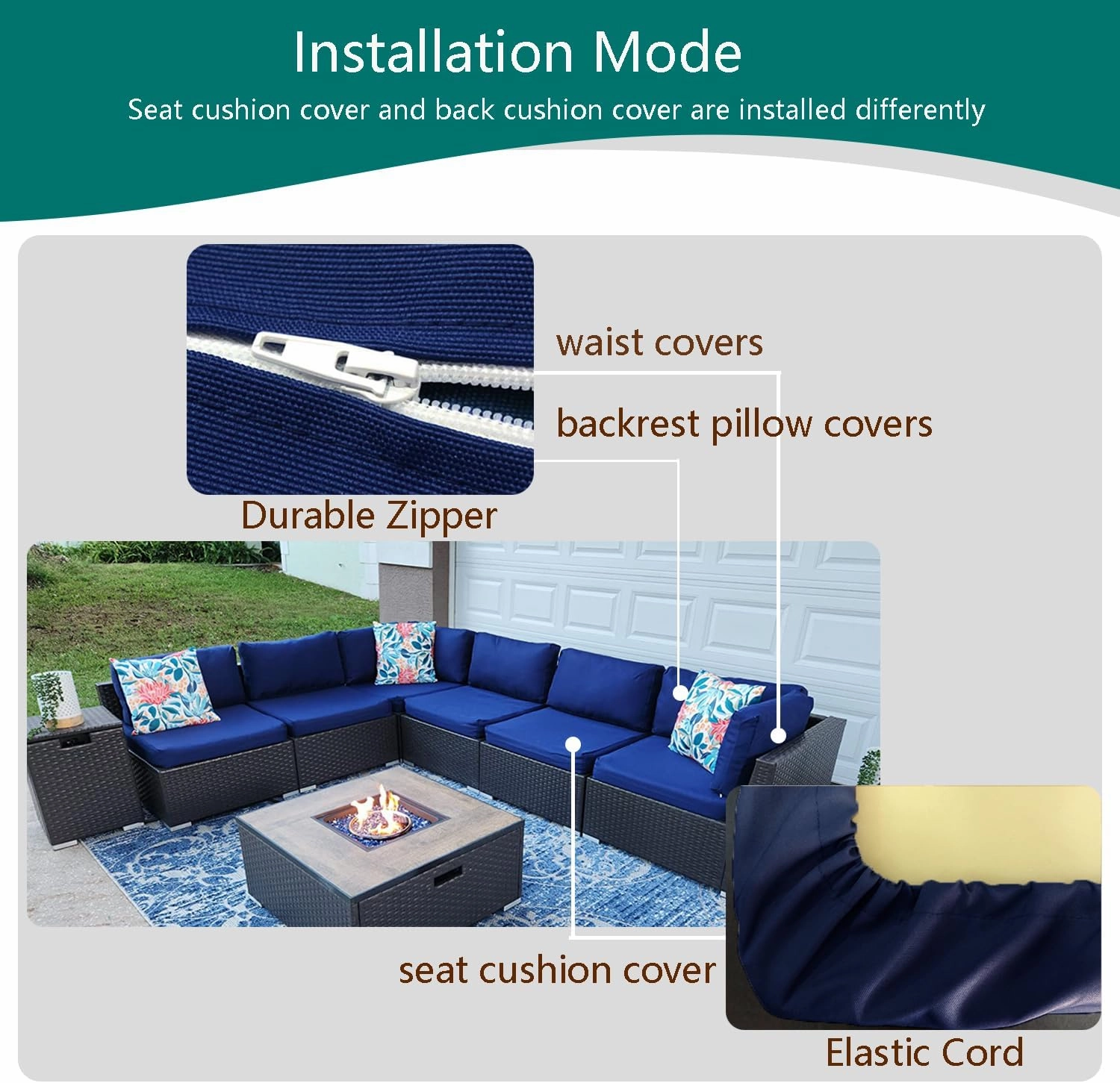 Outdoor Cushion Covers Replacement 14 Pcs Patio Cushion Covers fit for 7Pieces 6-Seater Wicker Rattan Sectional Couch Sofa Outdoor Cushion Slipcovers Set Seat and Back Cover Only, Blue