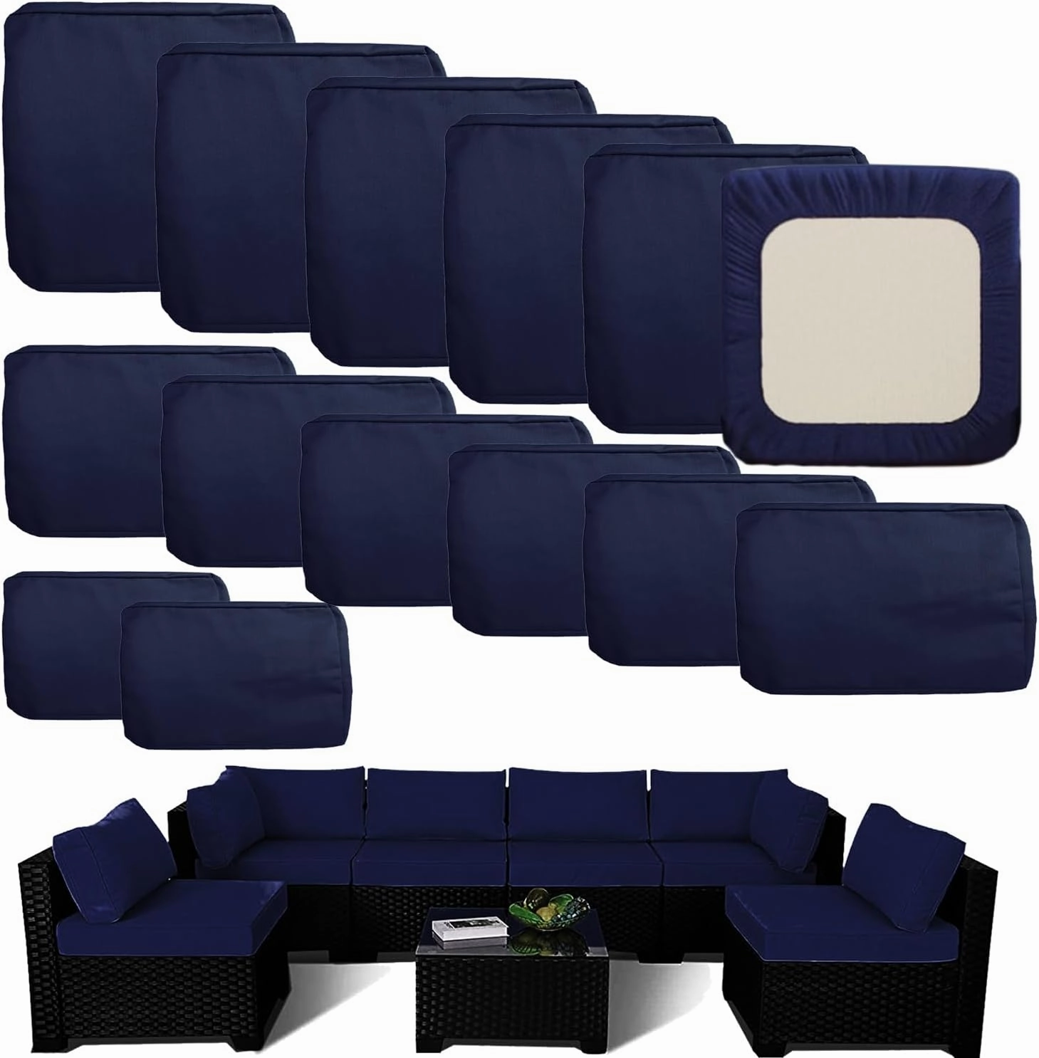 Outdoor Cushion Covers Replacement 14 Pcs Patio Cushion Covers fit for 7Pieces 6-Seater Wicker Rattan Sectional Couch Sofa Outdoor Cushion Slipcovers Set Seat and Back Cover Only, Blue