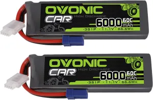 OVONIC 3S 6000mAh Lipo Battery 11.1V 60C Battery with EC5 Connector for Helicopter Airplane Quadcopter RC Airplane RC Car Truck Boat(2 Pack)