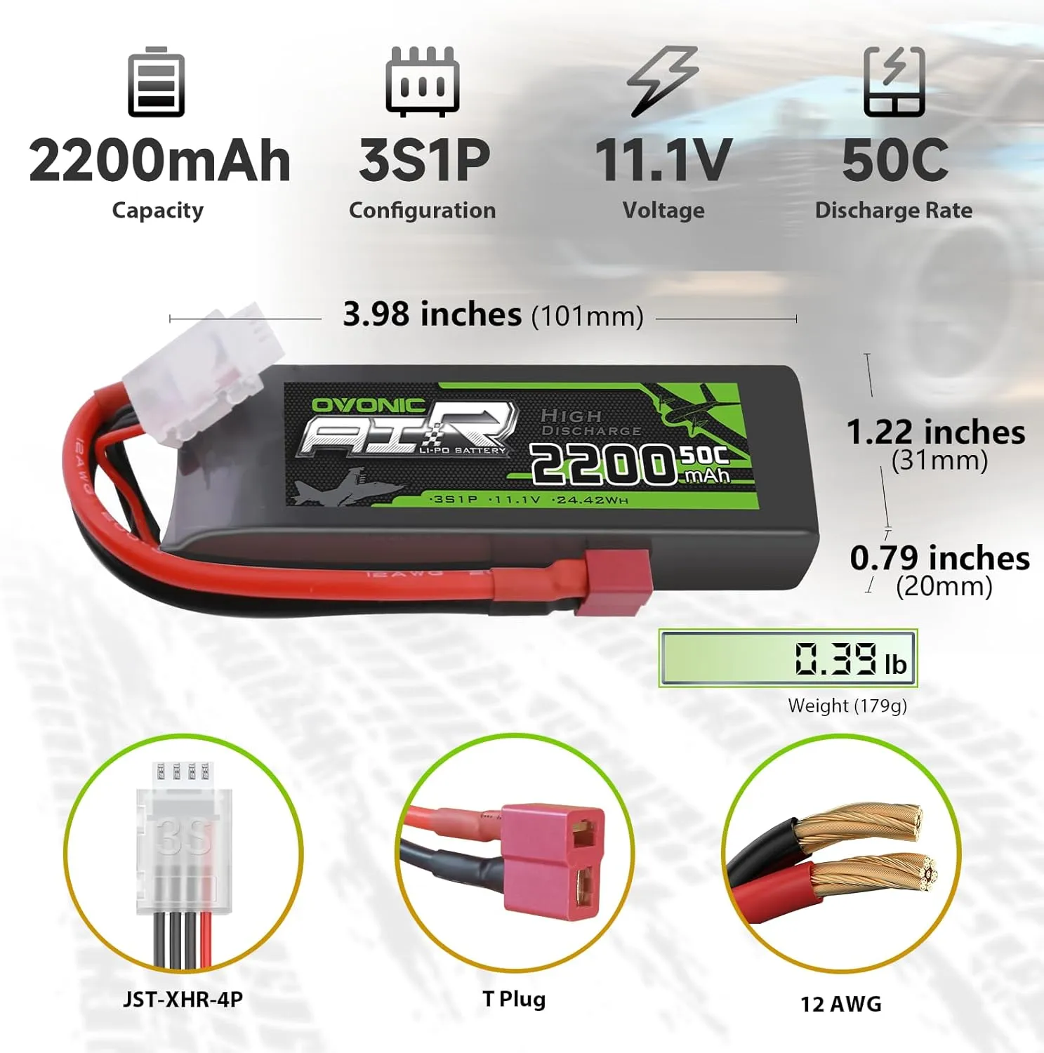 OVONIC 3S Lipo Battery 50C 2200mAh 11.1V Lipo Battery with Dean-Style T Connector for RC Airplane Helicopter Quadcopter RC Car Truck Boat