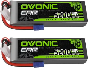 OVONIC 3S Lipo Battery 5200mAh 11.1V 80C with EC3 Plug Battery for RC Car Boat Truck Helicopter Airplane Racing Models(2 Pack)