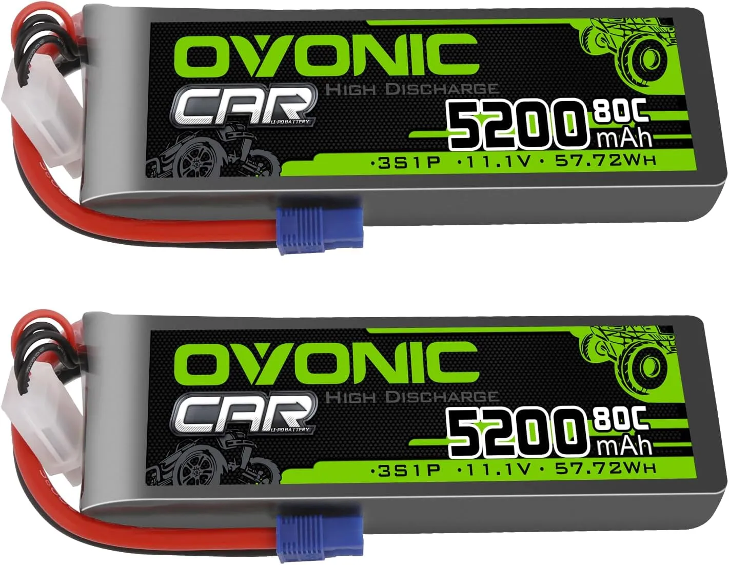 OVONIC 3S Lipo Battery 5200mAh 11.1V 80C with EC3 Plug Battery for RC Car Boat Truck Helicopter Airplane Racing Models(2 Pack)