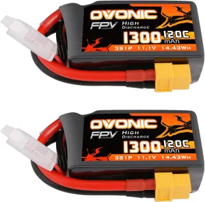 OVONIC Lipo Battery 11.1V 120C 1300mAh 3S RC Battery with XT60 Plug for FPV Racing Drone Quadcopter Helicopter Airplane RC Boat RC Car RC Models(2 Pack)