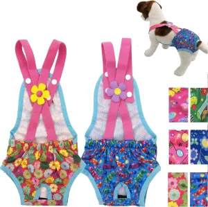 Pack of 2 Female Dog Diapers Sanitary Pantie Washable Reusable with Suspenders Stay On for Small Pet (S: Waist 14" - 16", Pink Flowers and Blue Candies)