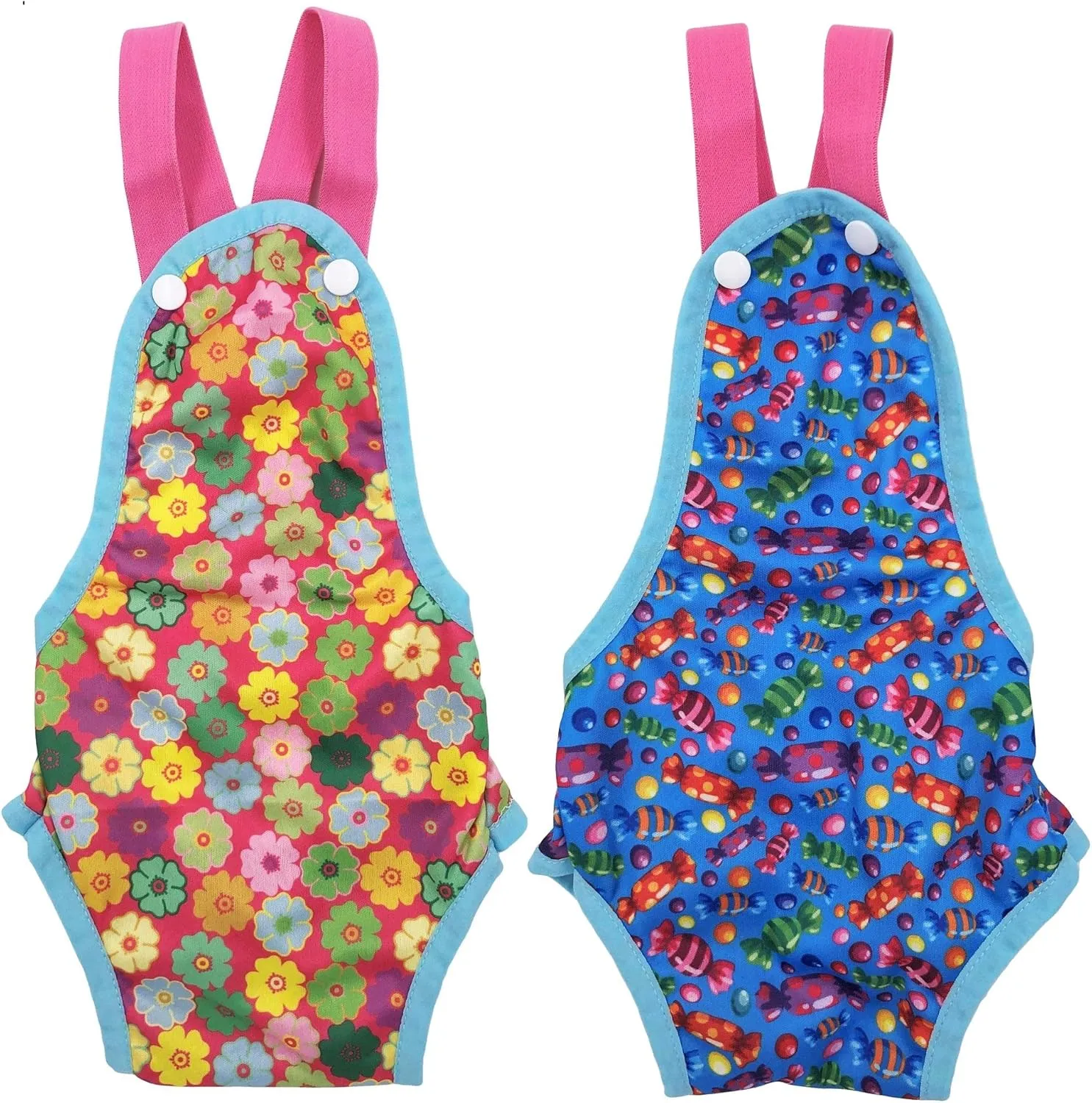 Pack of 2 Female Dog Diapers Sanitary Pantie Washable Reusable with Suspenders Stay On for Small Pet (S: Waist 14" - 16", Pink Flowers and Blue Candies)
