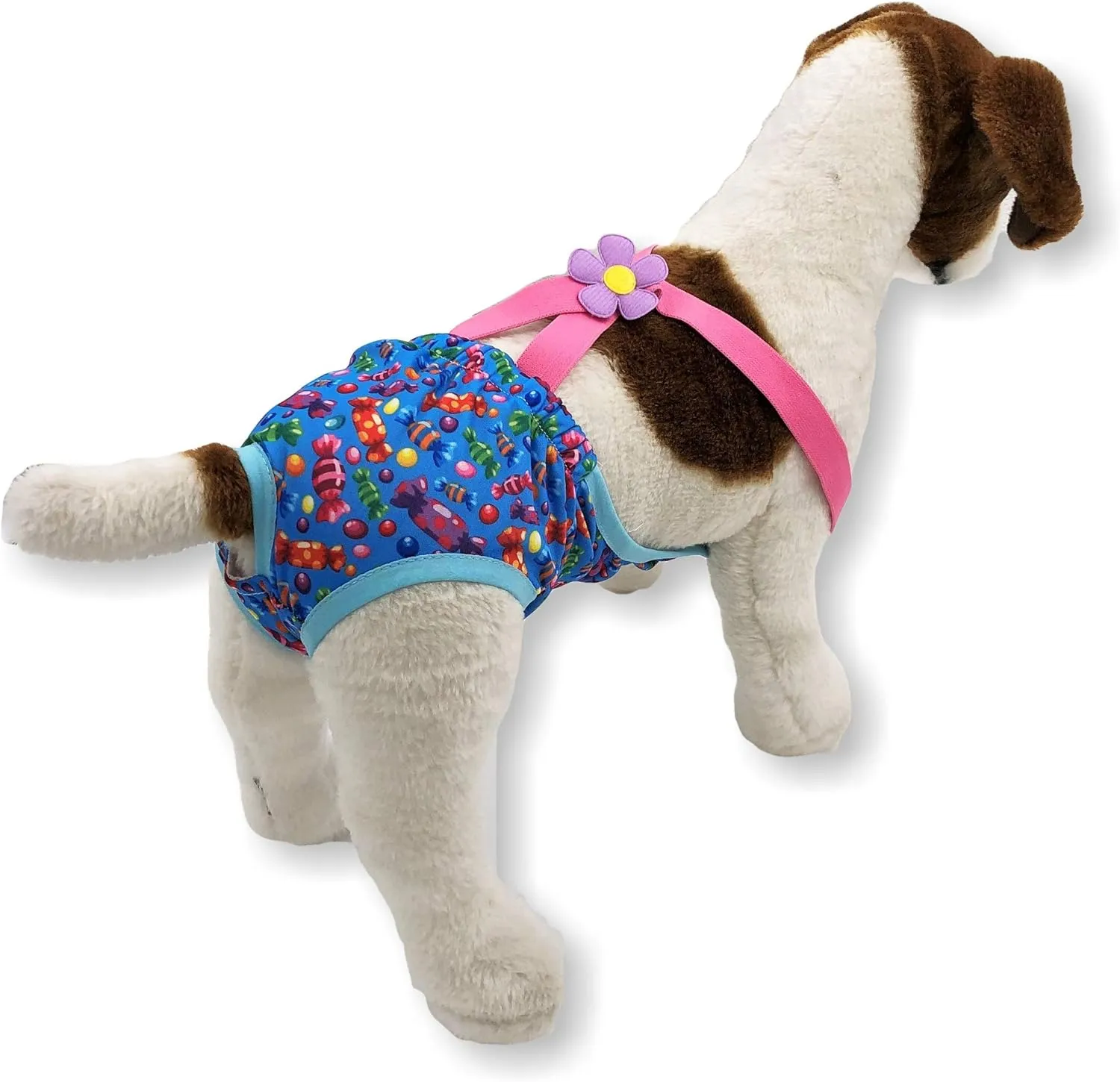 Pack of 2 Female Dog Diapers Sanitary Pantie Washable Reusable with Suspenders Stay On for Small Pet (S: Waist 14" - 16", Pink Flowers and Blue Candies)