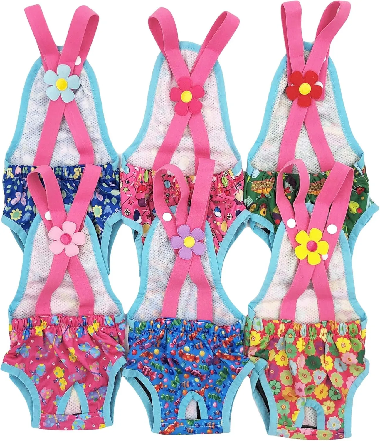 Pack of 2 Female Dog Diapers Sanitary Pantie Washable Reusable with Suspenders Stay On for Small Pet (S: Waist 14" - 16", Pink Flowers and Blue Candies)