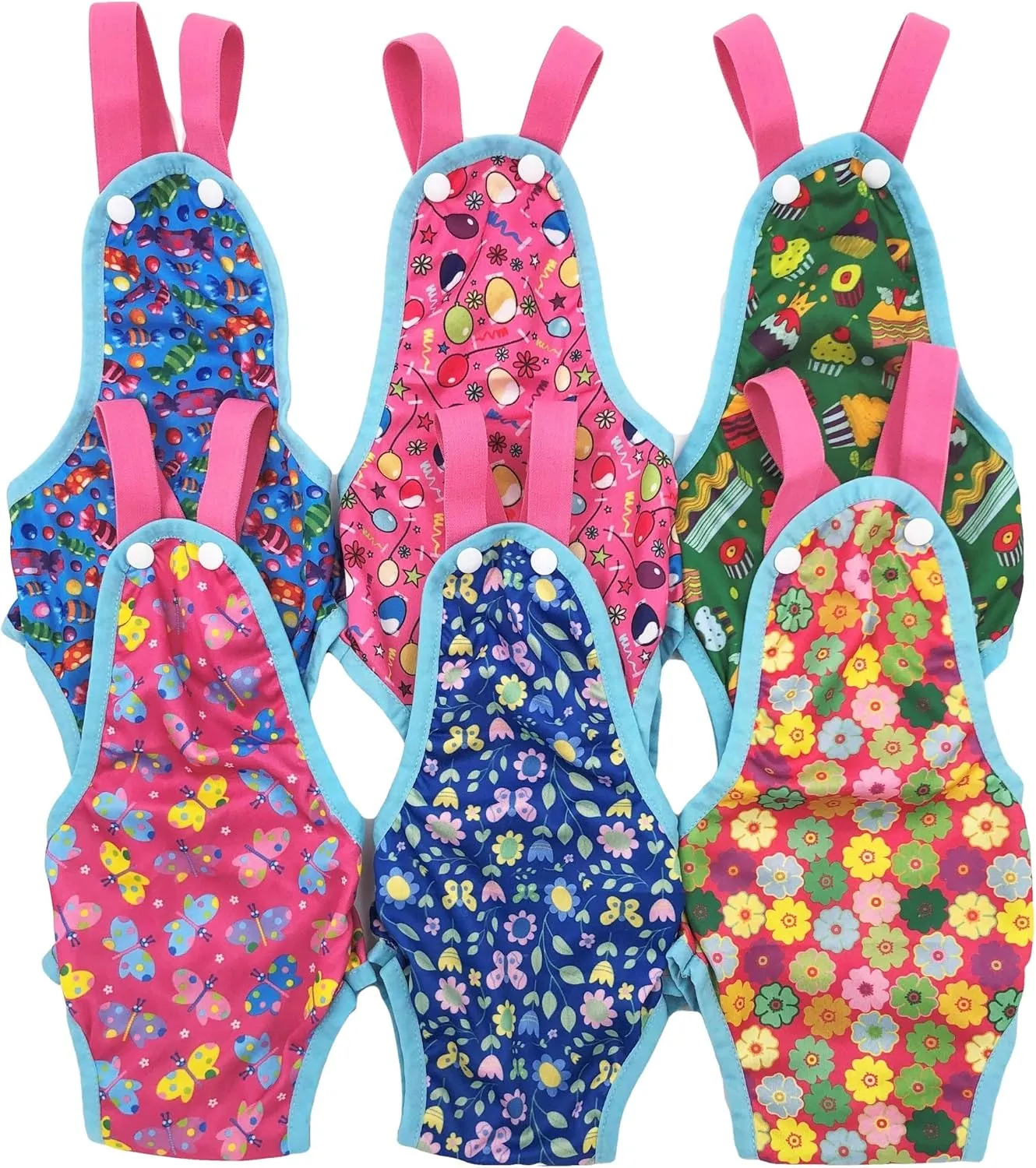 Pack of 2 Female Dog Diapers Sanitary Pantie Washable Reusable with Suspenders Stay On for Small Pet (S: Waist 14" - 16", Pink Flowers and Blue Candies)