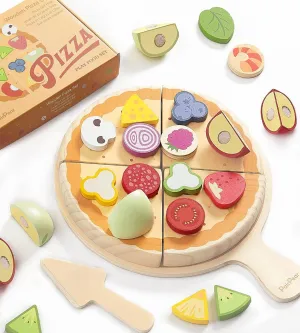 PairPear Wooden Pizza Cutting Play Food, 28 Piece Slice & Serve Toy Set with Tray, Montessori Inspired Pretend Kitchen Toy Gift for Toddlers Ages 3 