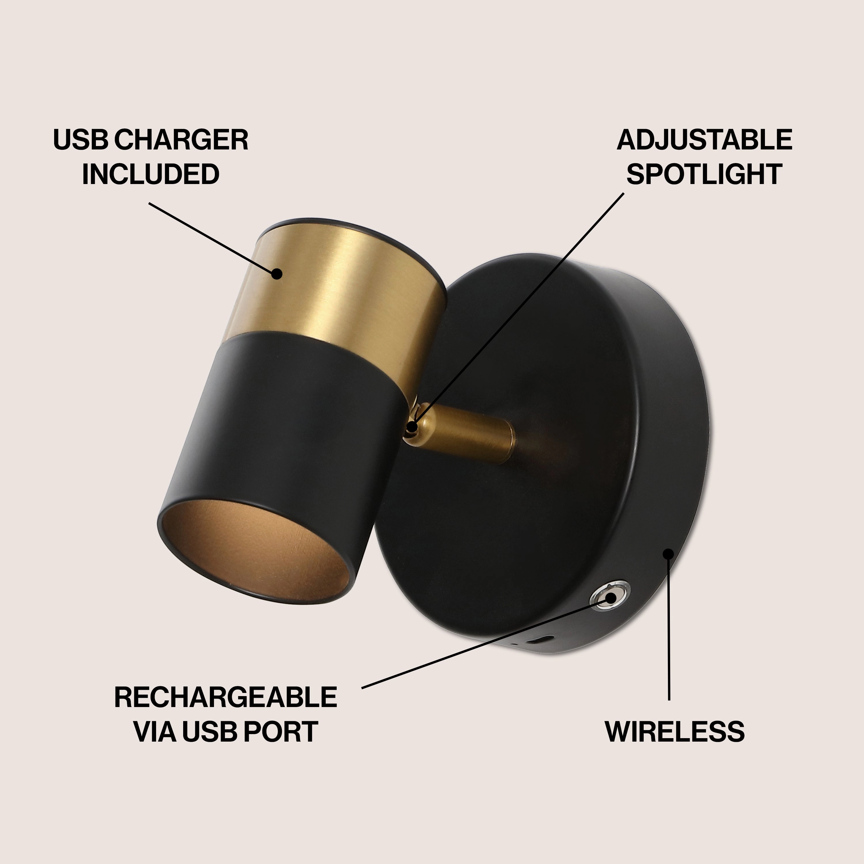 Paola 1-Light Modern Adjustable Head Integrated Dimmable LED Rechargeable Wall Spotlight with Touch Sensor