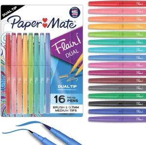 Paper Mate Flair DUAL Felt Tip Pens Brush and Medium Tips Assorted Colors 16 Count