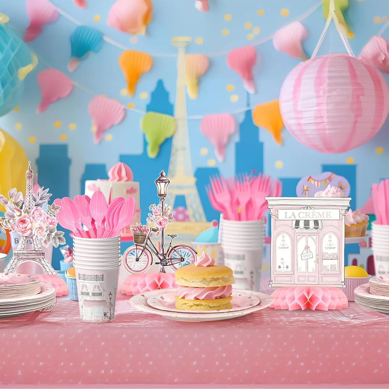 Paris Party Centerpiece Set - Eiffel Tower Honeycomb Paris Birthday Decorations and Paris Table Toppers for Kids' French-Themed Birthday and Baby Shower Table Decor