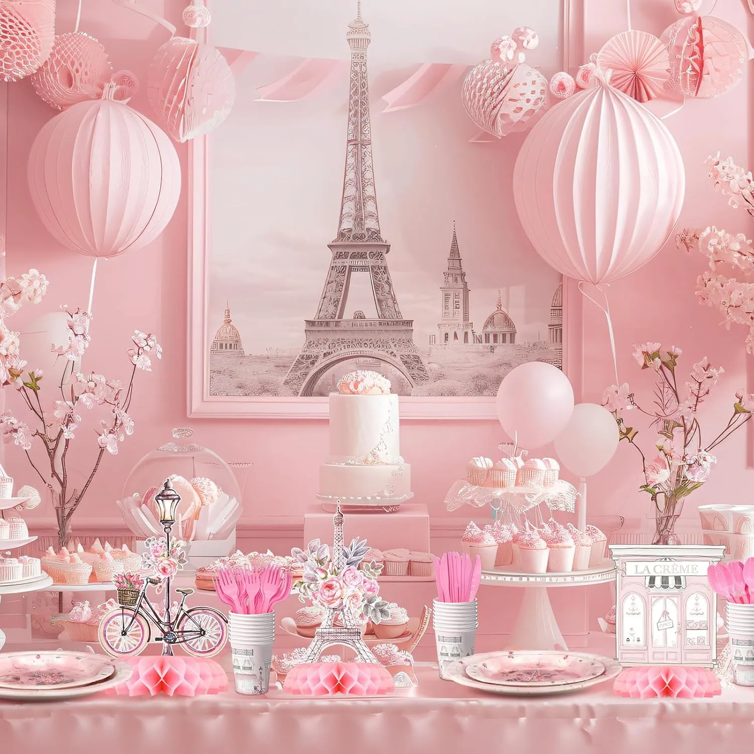Paris Party Centerpiece Set - Eiffel Tower Honeycomb Paris Birthday Decorations and Paris Table Toppers for Kids' French-Themed Birthday and Baby Shower Table Decor