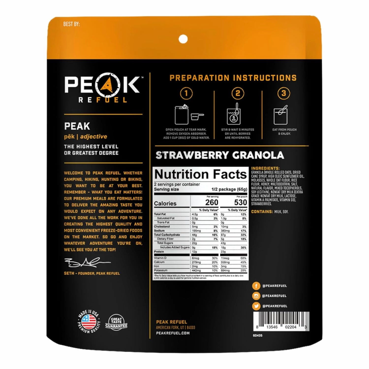 Peak Refuel Breakfast Meals | Freeze Dried Backpacking, Camping & Emergency Prep Food | 2 Servings Pouches (2-Pack, Strawberry Granola)