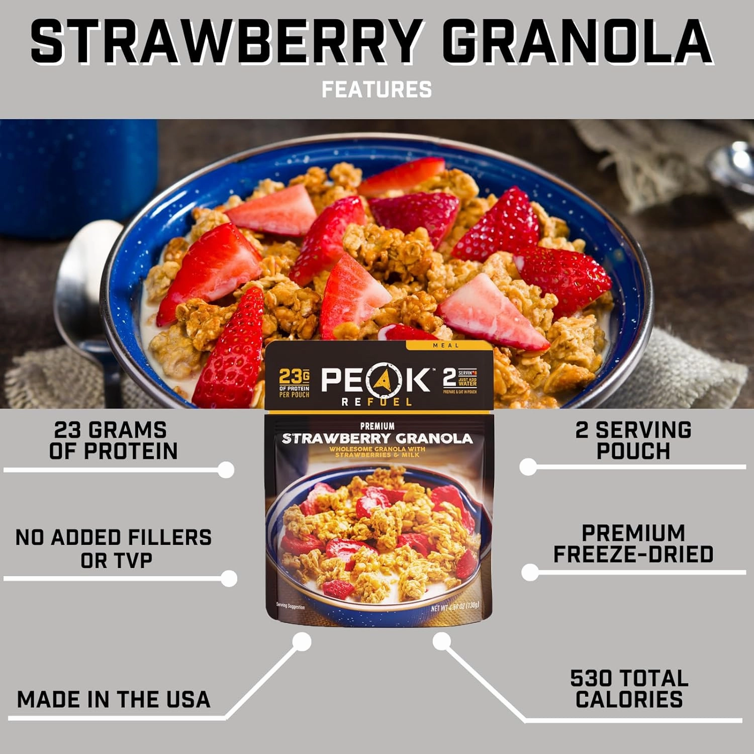 Peak Refuel Breakfast Meals | Freeze Dried Backpacking, Camping & Emergency Prep Food | 2 Servings Pouches (2-Pack, Strawberry Granola)