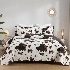 PERHOM Cow Quilt King Size - 100% Cotton King Western Cowhide Quilt Set Bedding Bedspreads, Cow Print Pattern Bed Set, Lightweight Rustic Farmhouse Comforter Set, Browm/Dark Brown, 3 Pieces