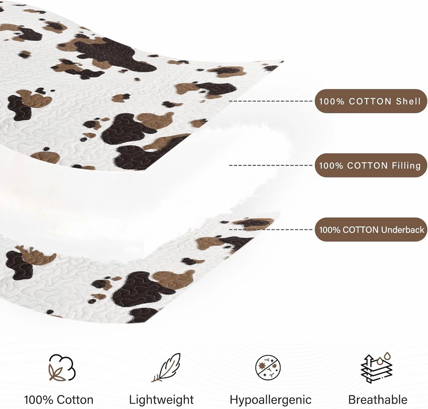 PERHOM Cow Quilt King Size - 100% Cotton King Western Cowhide Quilt Set Bedding Bedspreads, Cow Print Pattern Bed Set, Lightweight Rustic Farmhouse Comforter Set, Browm/Dark Brown, 3 Pieces