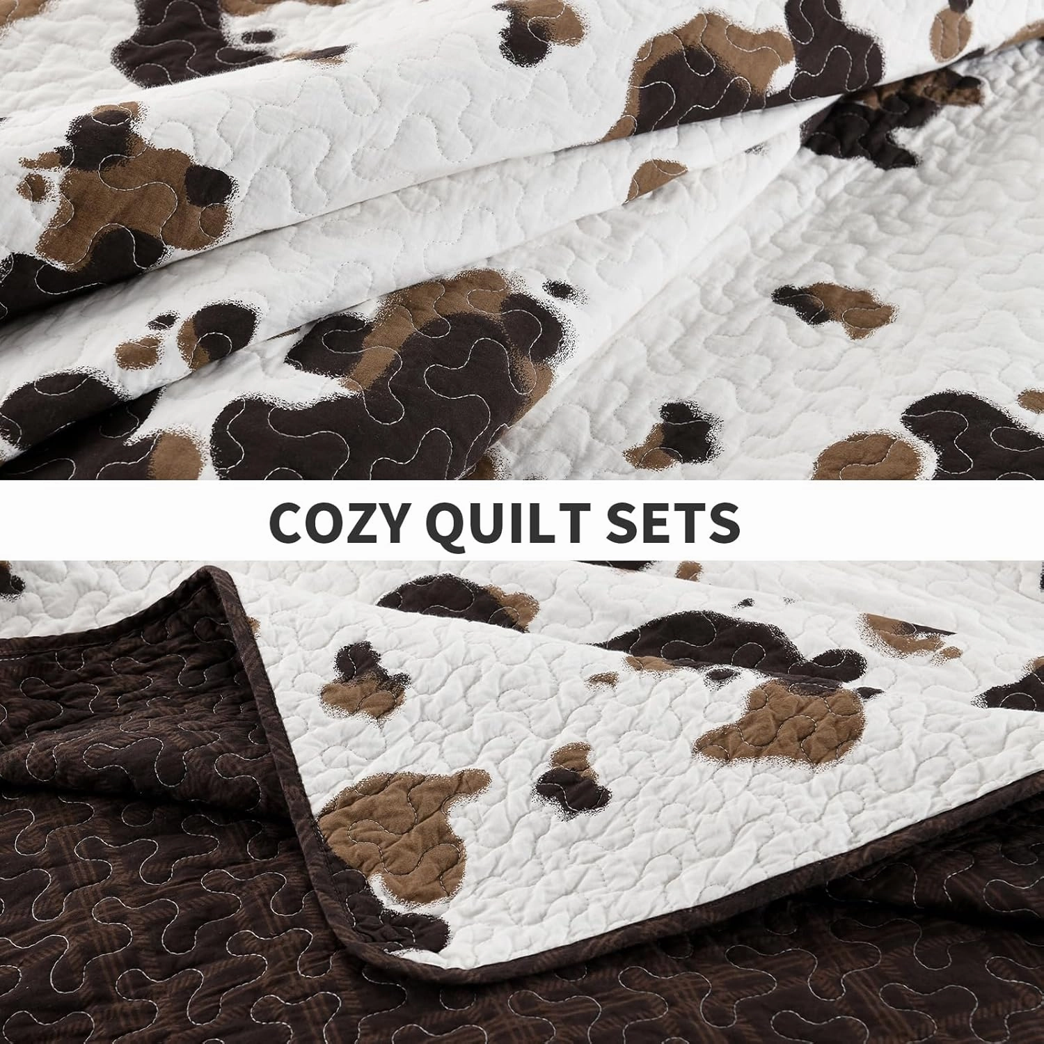 PERHOM Cow Quilt King Size - 100% Cotton King Western Cowhide Quilt Set Bedding Bedspreads, Cow Print Pattern Bed Set, Lightweight Rustic Farmhouse Comforter Set, Browm/Dark Brown, 3 Pieces