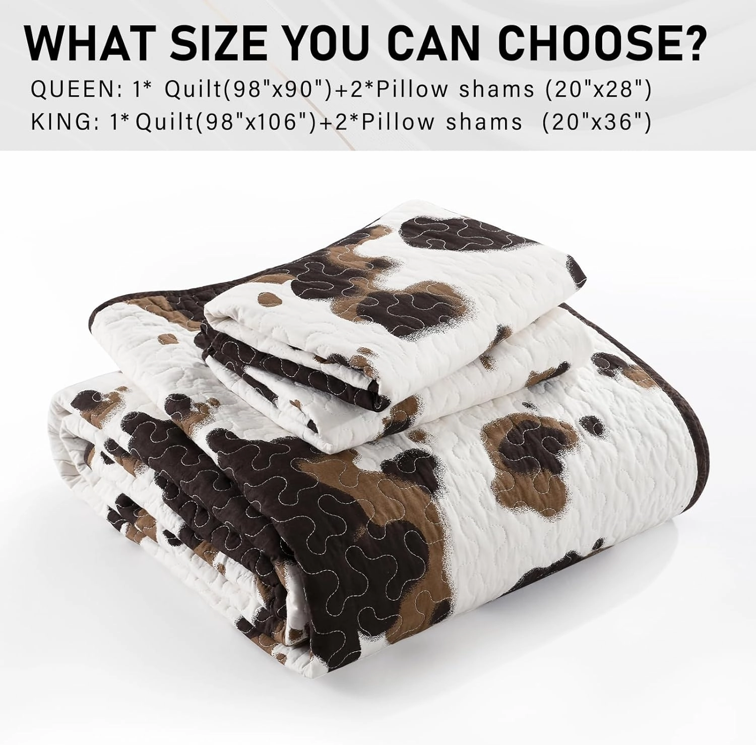 PERHOM Cow Quilt King Size - 100% Cotton King Western Cowhide Quilt Set Bedding Bedspreads, Cow Print Pattern Bed Set, Lightweight Rustic Farmhouse Comforter Set, Browm/Dark Brown, 3 Pieces