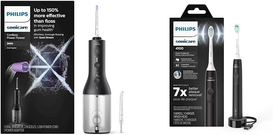 Philips Sonicare Cordless Power Flosser 3000 - Black & 4100 Power Toothbrush, Rechargeable Electric Toothbrush with Pressure Sensor, Black