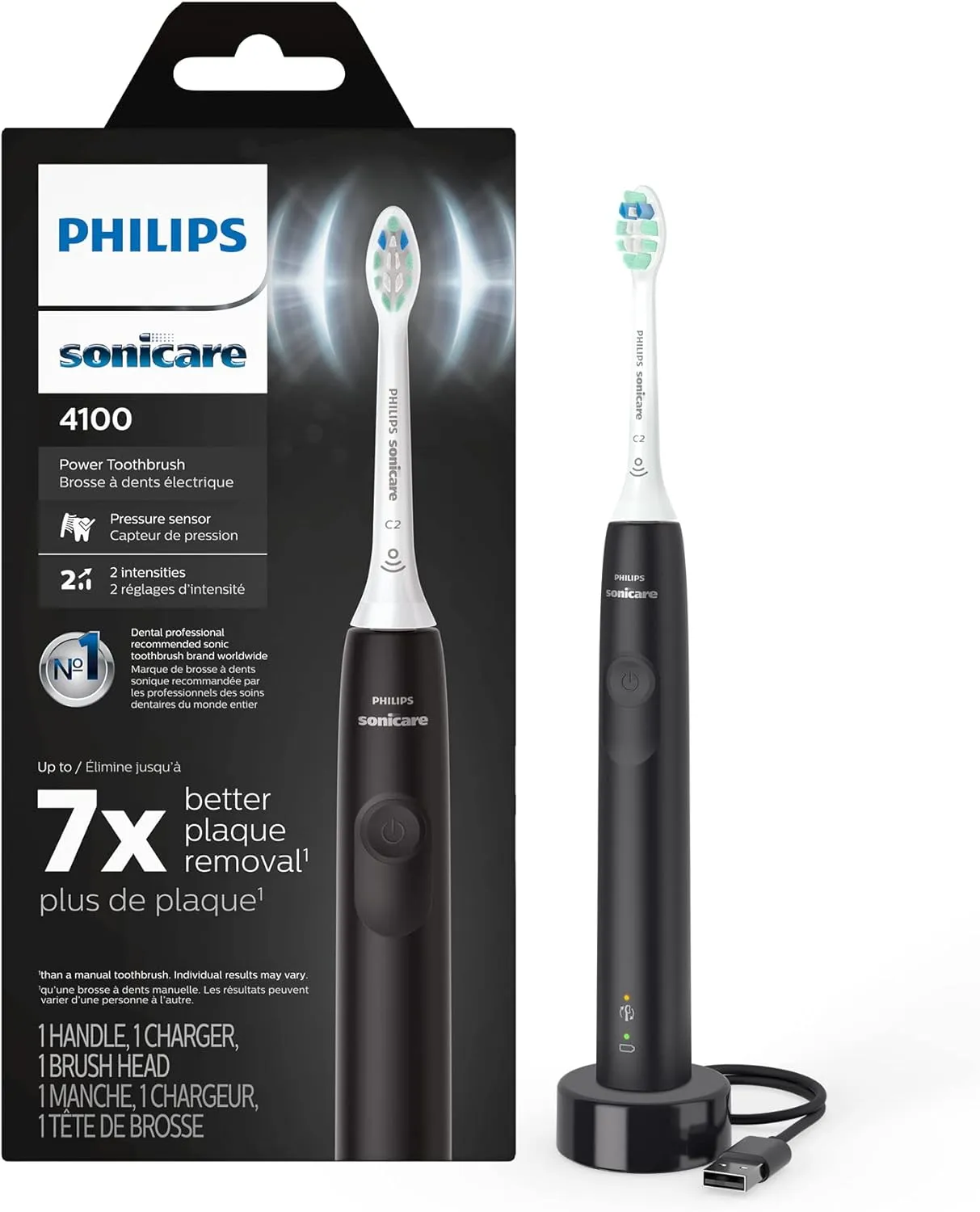 Philips Sonicare Cordless Power Flosser 3000 - Black & 4100 Power Toothbrush, Rechargeable Electric Toothbrush with Pressure Sensor, Black