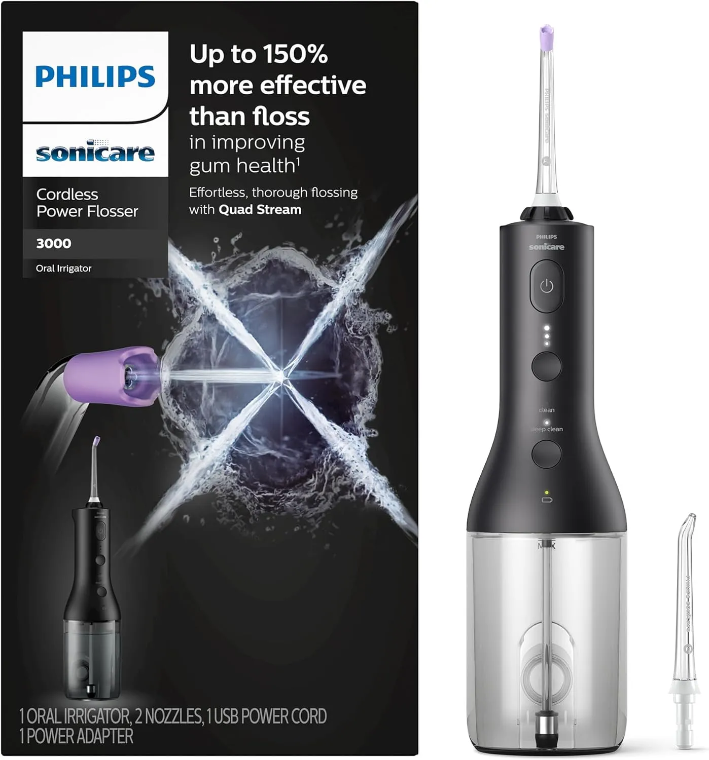 Philips Sonicare Cordless Power Flosser 3000 - Black & 4100 Power Toothbrush, Rechargeable Electric Toothbrush with Pressure Sensor, Black