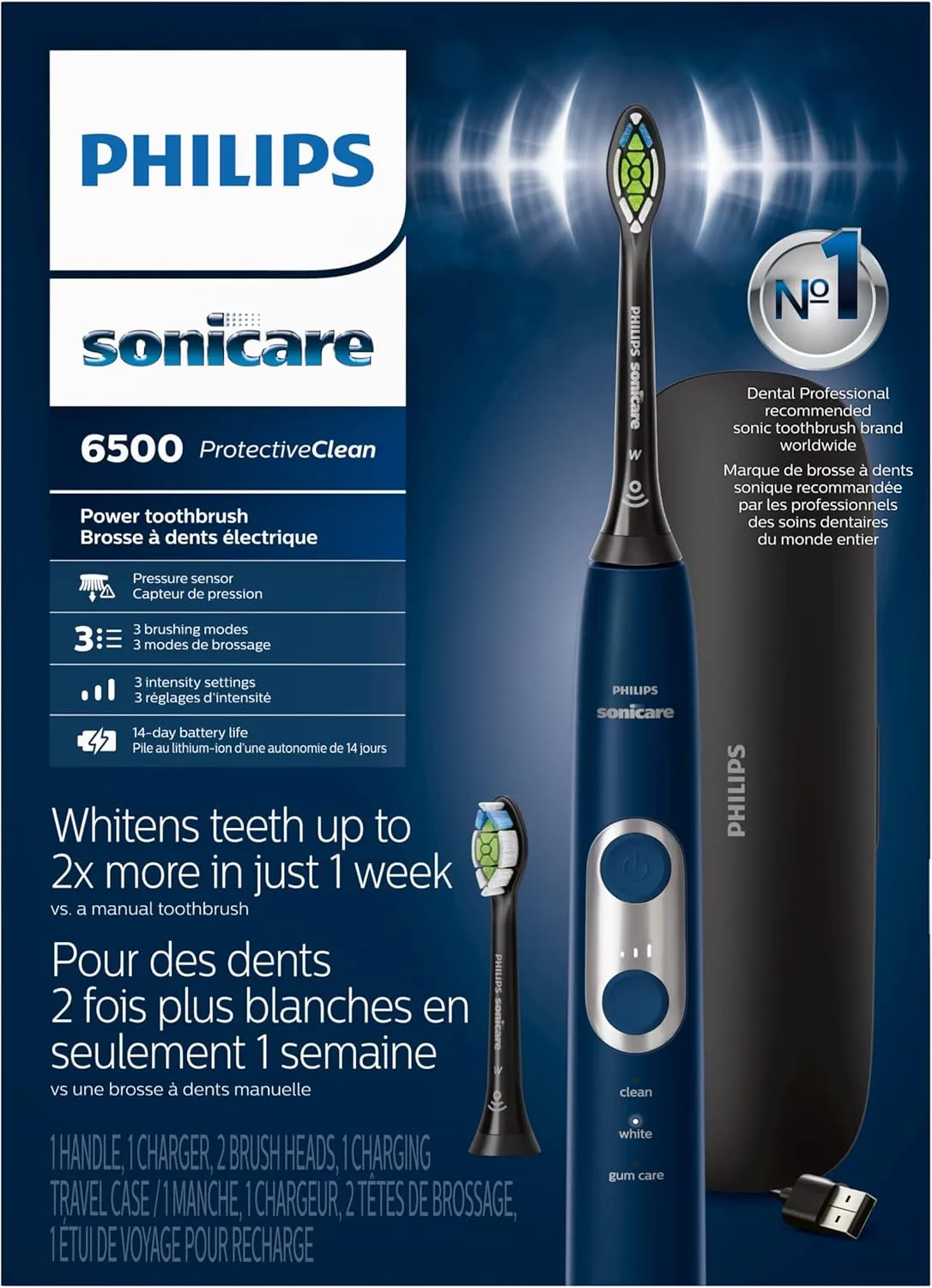 Philips Sonicare ProtectiveClean 6500 Rechargeable Electric Toothbrush, with Pressure Sensor, 3 Cleaning Modes, SmarTimer and QuadPacer, 14-Day Battery Life, Charging Travel Case, Navy Blue, HX6462/07