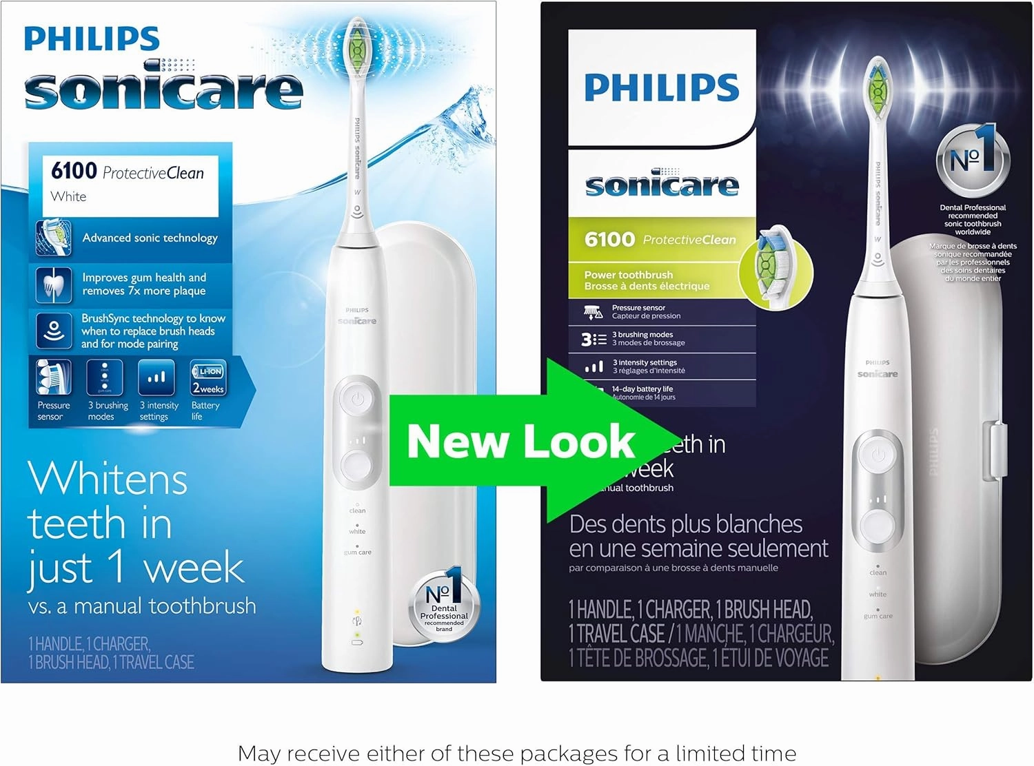 PHILIPS Sonicare ProtectiveClean 6100 Rechargeable Electric Toothbrush, with Pressure Sensor, 3 Cleaning Modes, SmarTimer and QuadPacer, 14-Day Battery Life, Travel Case, White, Model HX6877/21