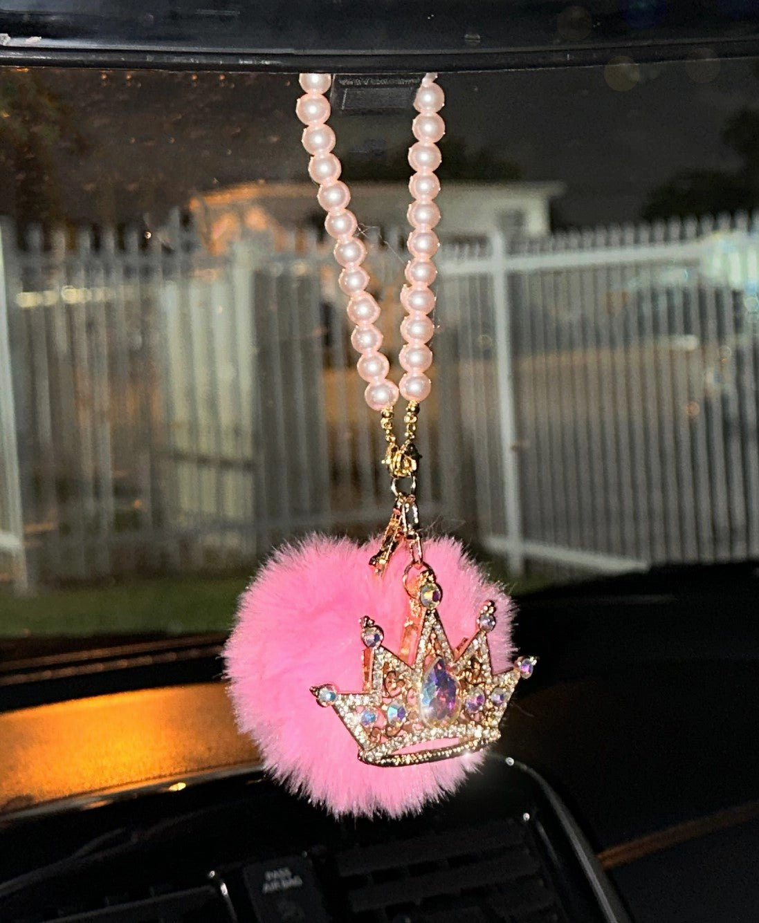 Pink Bling Car Rear View Mirror  Crown Hanging Accessories for Women, Rhinestone Diamond Bowknot, Imitation Pearl and Plush Ball Car Rearview Mirror Charms, Lucky Ornament Pendant