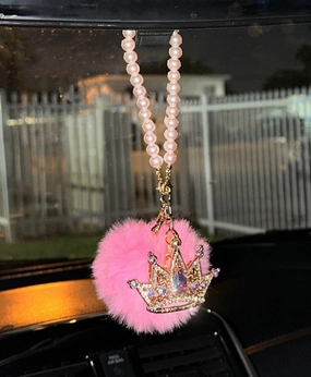 Pink Bling Car Rear View Mirror  Crown Hanging Accessories for Women, Rhinestone Diamond Bowknot, Imitation Pearl and Plush Ball Car Rearview Mirror Charms, Lucky Ornament Pendant