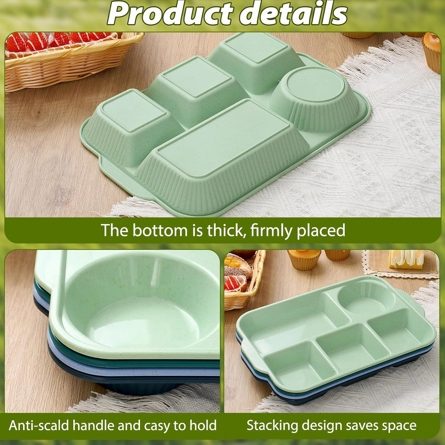 Pinkunn 8 Pcs 13'' Large Divided Plates Unbreakable Wheat Straw Dinnerware Lunch Trays Lightweight Reusable Plastic Compartment Microwave Dishwasher Safe Separator Plates(Retro)
