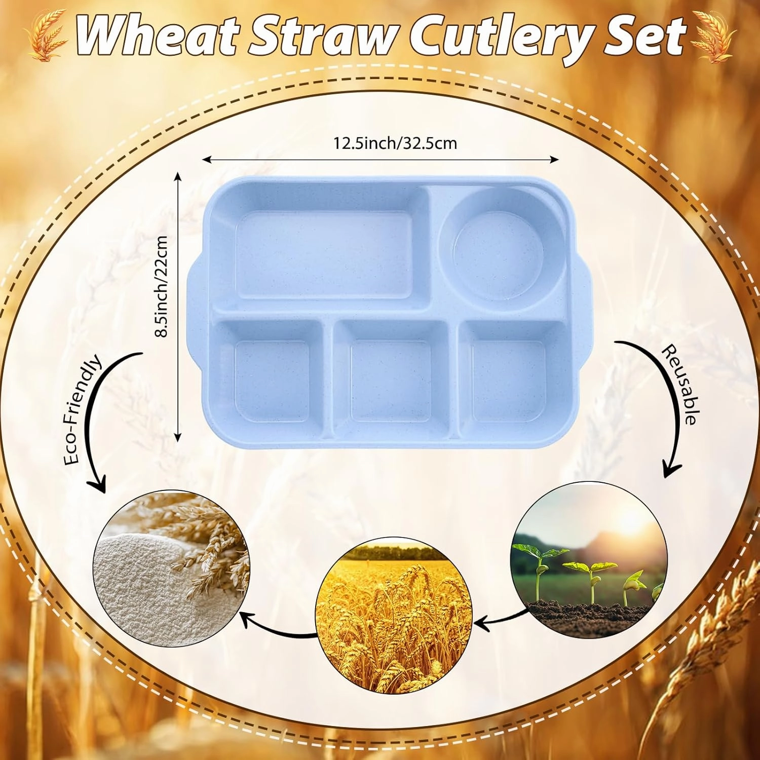 Pinkunn 8 Pcs 13'' Large Divided Plates Unbreakable Wheat Straw Dinnerware Lunch Trays Lightweight Reusable Plastic Compartment Microwave Dishwasher Safe Separator Plates(Retro)
