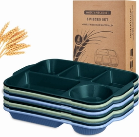 Pinkunn 8 Pcs 13'' Large Divided Plates Unbreakable Wheat Straw Dinnerware Lunch Trays Lightweight Reusable Plastic Compartment Microwave Dishwasher Safe Separator Plates(Retro)