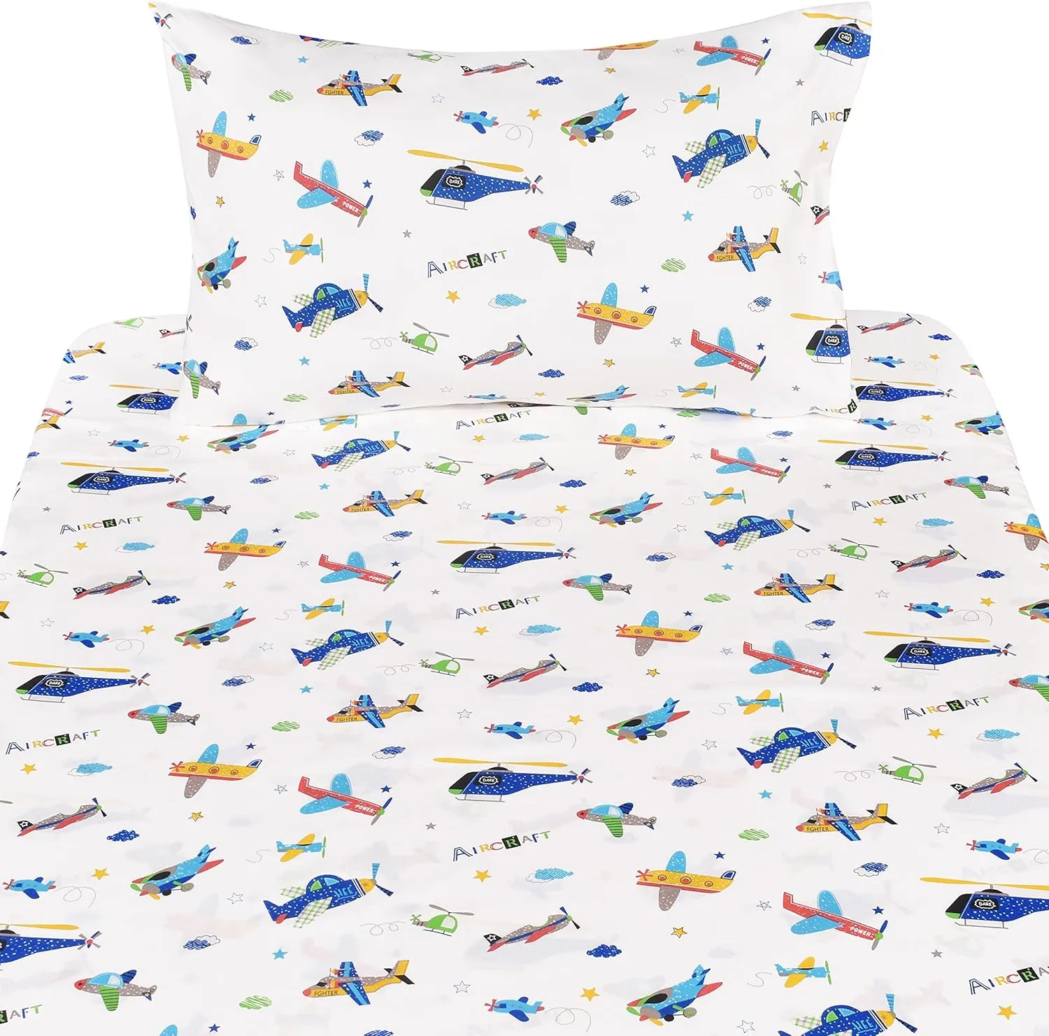 Plane Airplane Aircraft Helicopter Cartoon Twin Sheet Set Bedroom Decoration Gift 100% Cotton Flat Sheet   Fitted Sheet   Pillowcase Bedding Set for Unisex Boys Girls (Airplane, Twin)